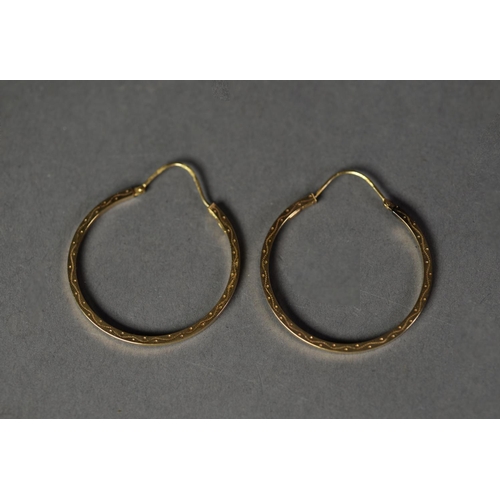 403 - PAIR OF 9ct GOLD LARGE HOOP EARRINGS with engraved decoration and a 9ct gold flat chain BRACELET, 17... 