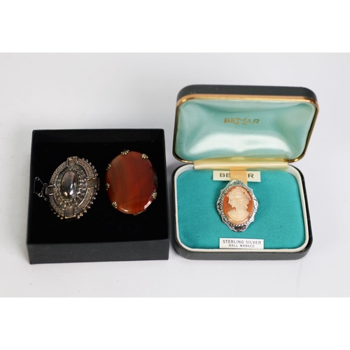 406 - SILVER OVAL TARG BROOCH, of Victorian style, Birmingham 1947; large oval orange agate BROOCH and a c... 