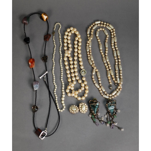 450 - FOUR IMITATION PEARL NECKLACES and a pair of clip earrings; a PAIR OF LARGE BRONZED METAL AND CRYSTA... 