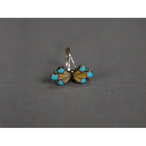 457 - STERLING SILVER BUTTERFLY RING, the wings each of three sections, yellow enamelled with turquoise en... 