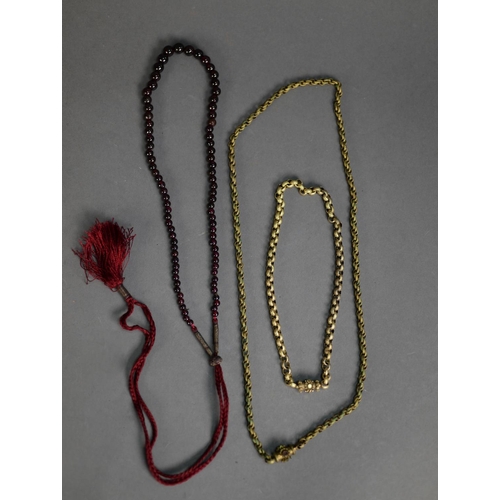 462 - TWO SIMILAR GILT METAL BELCHER CHAIN NECKLACES with cylindrical clasps applied with flowers, one set... 