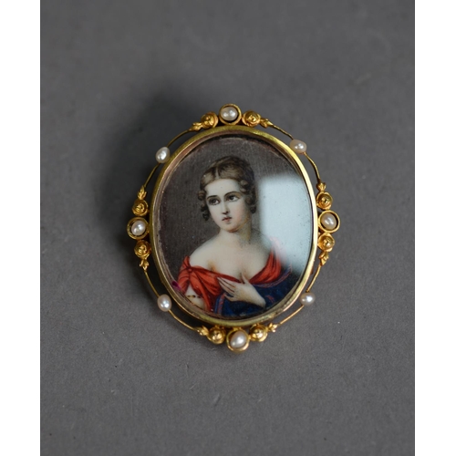 464 - PAINTED PORTRAIT MINIATURE OF A LADY in décolleté dress, oval, in a gold coloured metal narrow frame... 