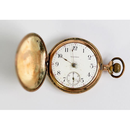 485 - WALTHAM ROLLED GOLD HUNTER POCKET WATCH, disc shaped with keyless movement, No 14454299, white Arabi... 