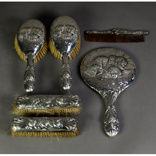 373 - EDWARD VII EMBOSSED SILVER BACKED SIX PIECE DRESSING TABLE HAND MIRROR AND BRUSH SET IN ORIGINAL FIT... 