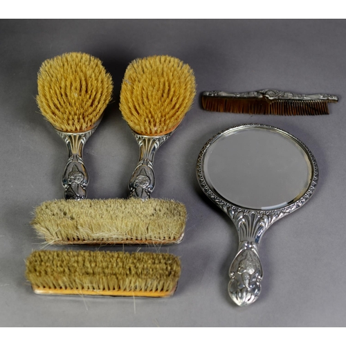 373 - EDWARD VII EMBOSSED SILVER BACKED SIX PIECE DRESSING TABLE HAND MIRROR AND BRUSH SET IN ORIGINAL FIT... 