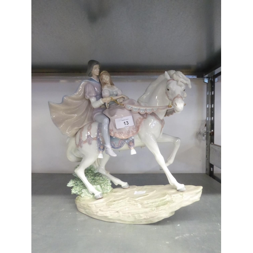 13 - MODERN LLADRO PORCELAIN MODEL 'Love Story' of a young couple upon a White Horse, 14 ¼