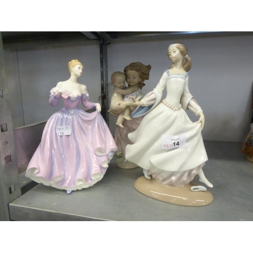 14 - MODERN LLADRO PORCELAIN MODEL of a young lady with infant, ANOTHER of a young lady losing her shoe, ... 