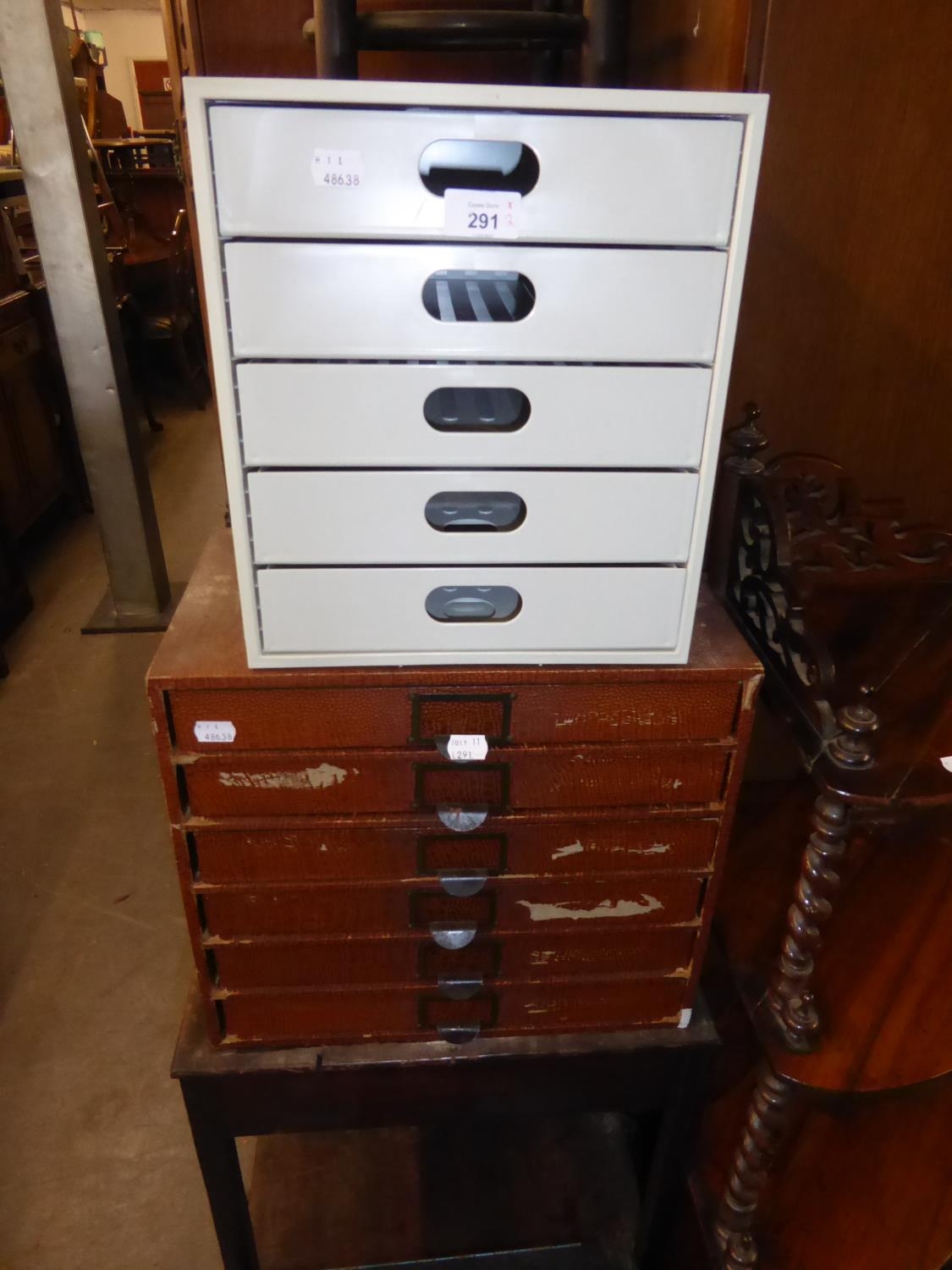 A GREY METAL TABLE TOP NEST OF FIVE FILING DRAWERS AND A TABLE TOP NEST ...