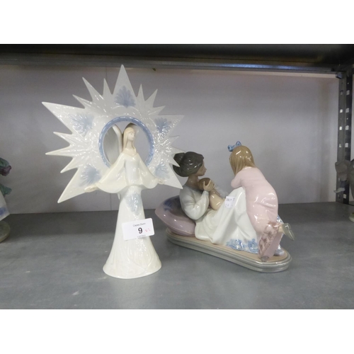 9 - MODERN LLADRO PORCELAIN MODEL OF A YOUNG MOTHER reclining cradling a new born child with an older Si... 