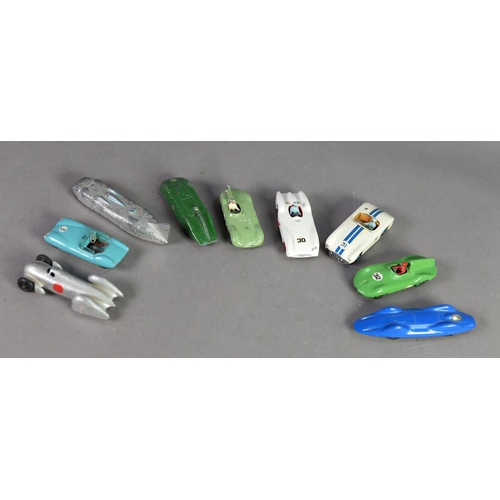 176 - THREE DINKY TOYS DIE CAST RACING/RECORD CARS, No. 23d, Auto Union, No. 23m Thunderbolt, and Gardners... 