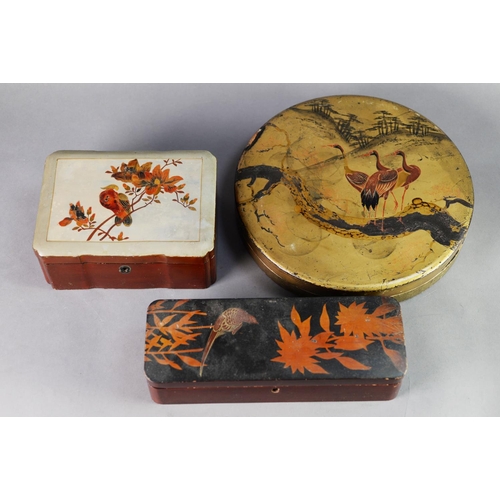 285 - LATE NINETEENTH CENTURY ORIENTAL SHALLOW CIRCULAR LACQUER BOX, design of cranes in a landscape, 12 1... 