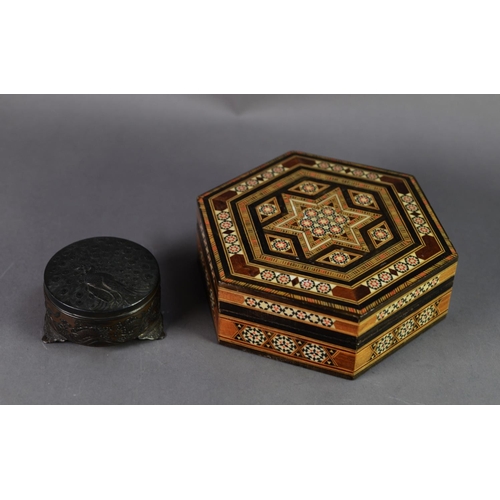 286 - TWENTIETH CENTURY MIDDLE EASTERN HEXAGONAL INLAID WOOD JEWELLERY BOX, intricate mosaic inlay centred... 