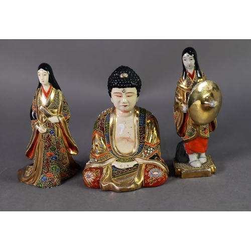 287 - TWO PRE-WAR JAPANESE SATSUMA FIGURE OF WOMEN, in multi-coloured costume, one holding a large circula... 