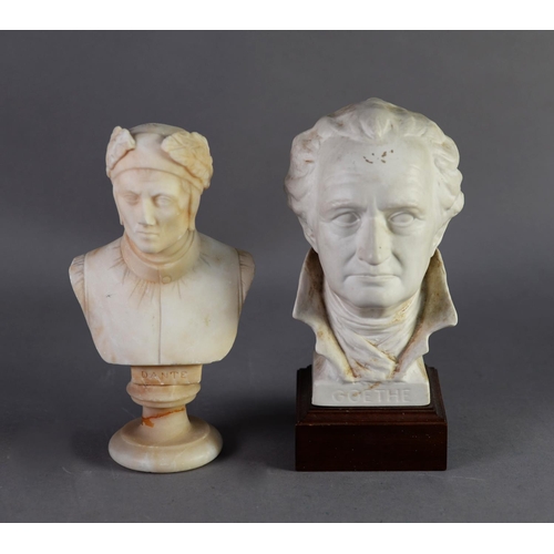 290 - EARLY TWENTIETH CENTURY CARVED ALABASTER BUST OF DANTE, raised on a waisted circular base/socle, 8 1... 