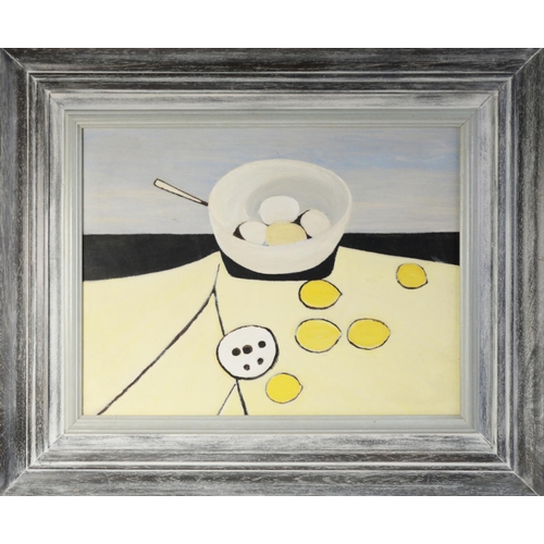 163 - UNATTRIBUTED, AFTER WILLIAM SCOTT OIL ON BOARD Still Life - lemons and a pan of eggs Unsigned 16” x ... 