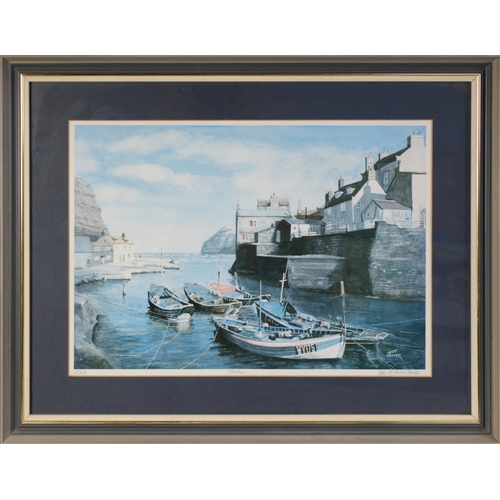 25 - JOHN WILLIAM FOSTER (TWENTIETH CENTURY)ARTIST SIGNED LIMITED EDITION COLOUR PRINT Moored fishing boa... 