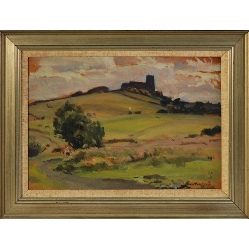 140 - HARRY RUTHERFORD (1903-1985) OIL ON BOARD Landscape with Mottram Church on the hill top in the dista... 