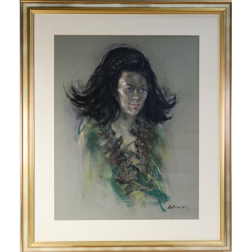 133 - HAROLD RILEY (b.1934) PASTEL ON GREY PAPER Bust portrait of a young woman with long black hair and h... 