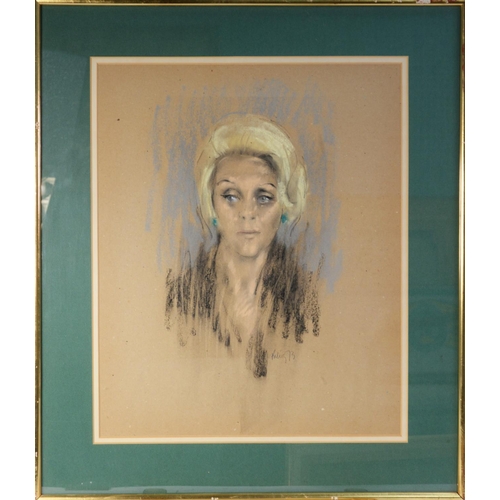 134 - HAROLD RILEY (b.1934) PASTEL ON BUFF PAPER Bust portrait of a lady with short blond hair Signed and ... 