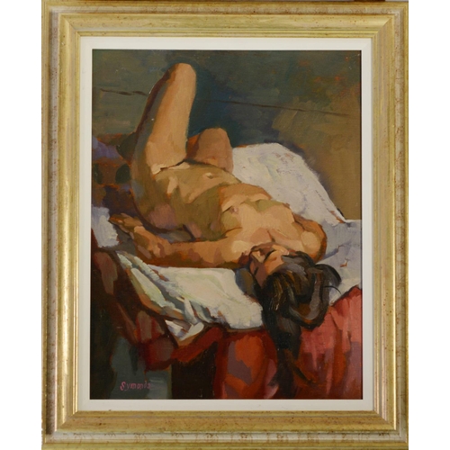 155 - KEN SYMONDS (1927-2010) OIL ON BOARD ‘Nude Asleep’ Signed, titled to piece of hardboard stuck to the... 