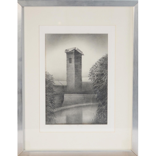 38 - TREVOR GRIMSHAW (1947-2001) PENCIL DRAWING Stone tower beside a canal Signed 9 ¾” x 6 ½” (24.8cm x 1... 