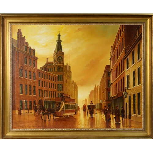 148 - STEVEN SCHOLES (b.1952) OIL ON CANVAS‘Market St. Manchester 1895’ Signed and titled 15 ½” x 19 ½” (3... 