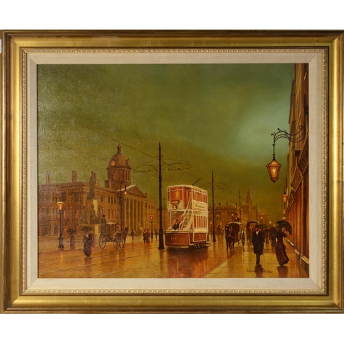 149 - STEVEN SCHOLES (b.1952) OIL ON CANVAS Bygone street scene with tram and horse drawn carriagesSigned ... 