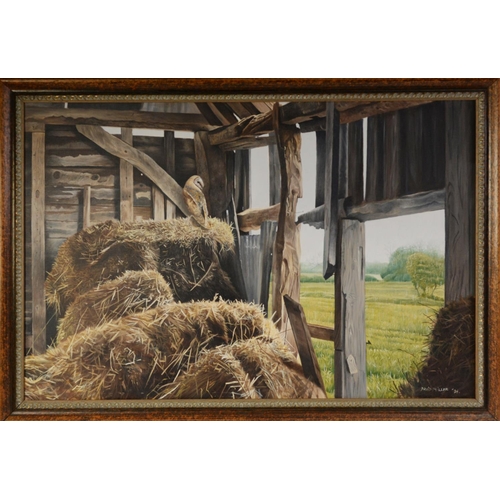 109 - DAVID MILLER (b.1966)OIL ON CANVAS Barn owl perched on hay bales Signed and dated (19)96 19 ¾” x 29 ... 