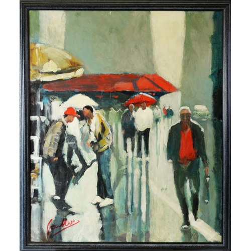 13 - DAVID COULTER (TWENTIETH/ TWENTY FIRST CENTURY)OIL ON CANVAS Street scene with figures Signed 23 ½” ... 