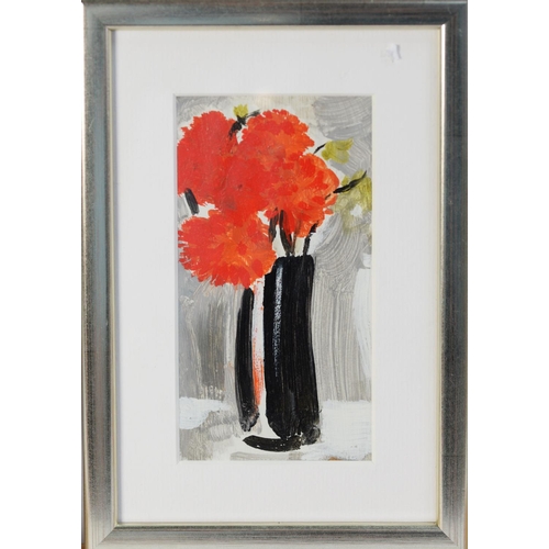 80 - KENNETH LAWSON (1920 - 2008) ACRYLIC ON BOARD‘Dahlias in a Black Vase, (2)’, 1992 Signed, titled and... 