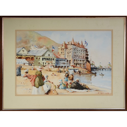 96 - BERNARD McDONALD (b.1944) WATERCOLOUR Llandudno beach scene with The Grand Hotel in the background S... 