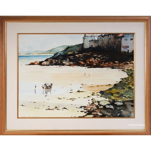 97 - BERNARD McDONALD (b.1944) WATERCOLOUR St. Ives beach scene with figures and rowing boat Signed 14 ½”... 