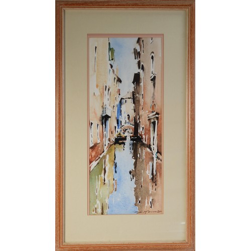 98 - BERNARD McDONALD (b.1944) WATERCOLOUR Venetian canal scene Signed 19 ½” x 8” (49.5cm x 20.3cm)... 