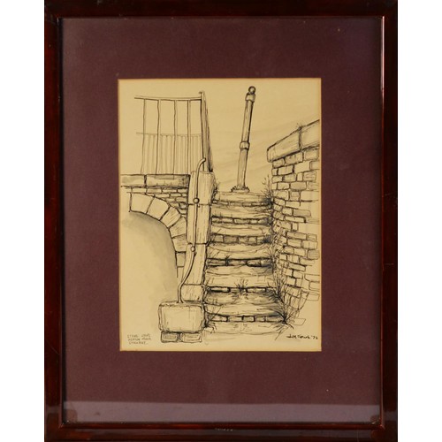 154 - JOE SPARKS (TWENTIETH CENTURY) THREE PEN AND INK DRAWINGS‘Iron Railings, Heaton Moor, Stockport’8” x... 