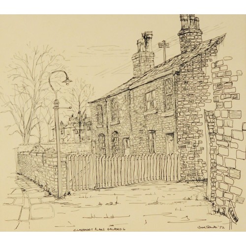 154 - JOE SPARKS (TWENTIETH CENTURY) THREE PEN AND INK DRAWINGS‘Iron Railings, Heaton Moor, Stockport’8” x... 