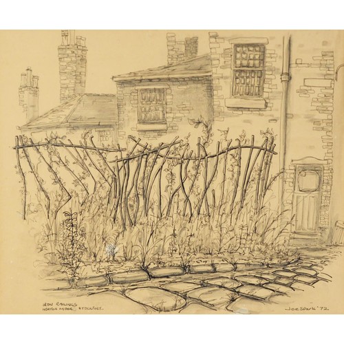 154 - JOE SPARKS (TWENTIETH CENTURY) THREE PEN AND INK DRAWINGS‘Iron Railings, Heaton Moor, Stockport’8” x... 