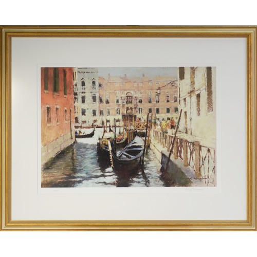 156 - GEORGE THOMPSON (born Wigan) ARTIST SIGNED LIMITED EDITION GICLEE PRINT Gondolas - Maria Giglio Veni... 