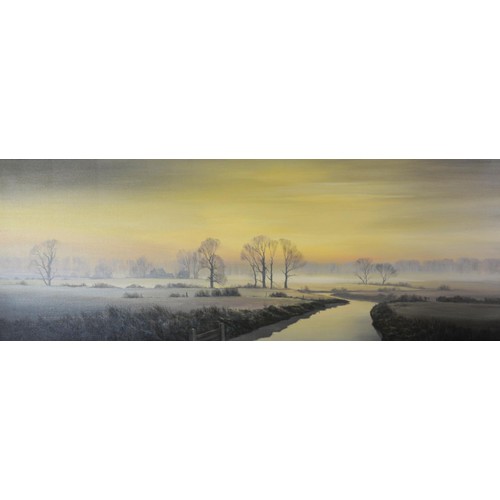 114 - MICHAEL MORRIS (b.1938) OIL ON CANVAS Sunset winter landscape Signed 17 ½” x 47 ½” (44.4cm x 120.7cm... 