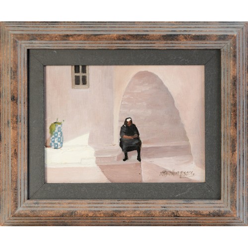 46 - ROGER HAMPSON (1925 - 1996) OIL PAINTING ON BOARD Peasant Woman Resting Corfu Signed lower right and... 