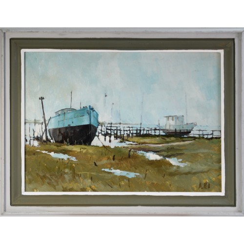 119 - ALBERT B. OGDEN (b. 1928) OIL PAINTING ON BOARD Semprene's Boat, two houseboats at low tide Signed w... 