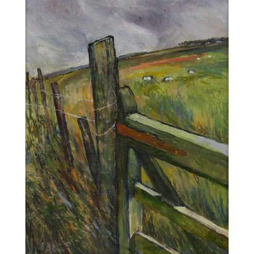 120 - ALBERT B. OGDEN (b. 1928) OIL PAINTING ON CANVASRoeburndale Fell, fence and farm gate with sheep in ... 