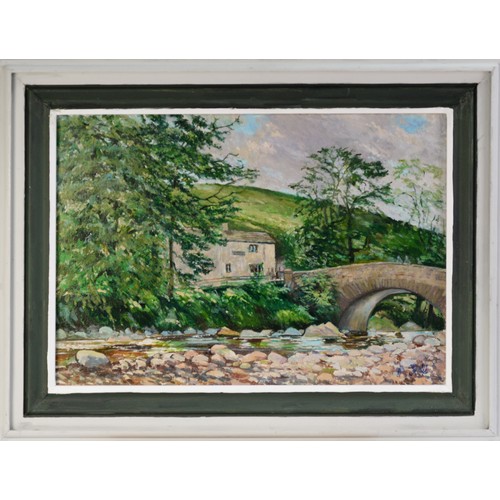 122 - ALBERT B OGDEN (b. 1928) OIL PAINTING ON CANVAS Wray Bridge, landscape with cottage, tree, river and... 