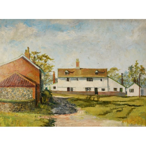 124 - ALBERT B OGDEN (b. 1928) OIL PAINTING ON BOARDFarm Cottages, rural village scene with whitewashed re... 