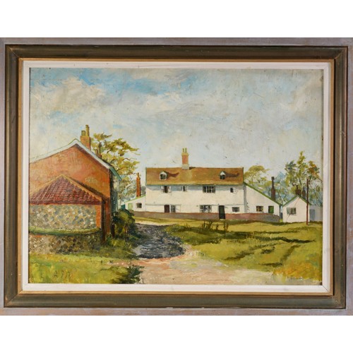 124 - ALBERT B OGDEN (b. 1928) OIL PAINTING ON BOARDFarm Cottages, rural village scene with whitewashed re... 