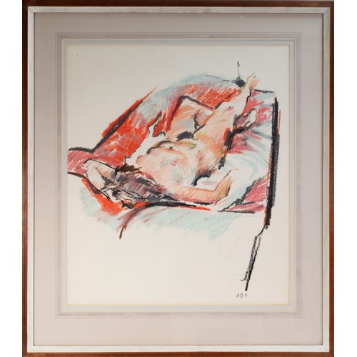 126 - ALBERT B OGDEN (b. 1928) OIL PASTEL Figure on a Red Couch, No 2, reclining female nude Signed with i... 