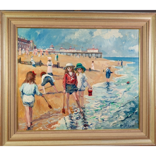 21 - TOM DURKIN (1928-1990) ACRYLIC ON CANVAS Beach scene with children at the water’s edge Signed 19 ½” ... 