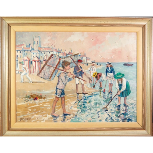 22 - TOM DURKIN (1928-1990) ACRYLIC ON CANVAS Beach scene with children with fishing and shrimping netsSi... 