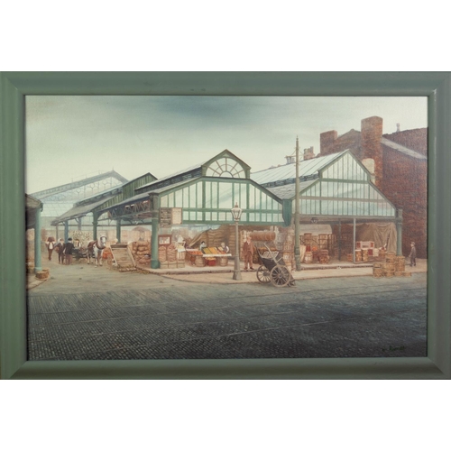 138 - CLARE ROONEY (TWENTIETH/ TWENTY FIRST CENTURY)OIL ON BOARD Bygone scene of Smithfield Market, Manche... 