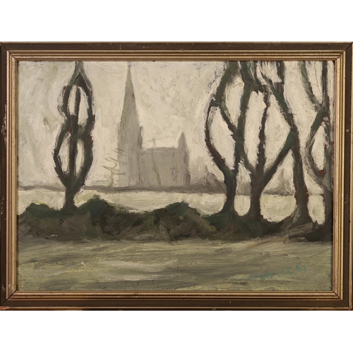 64 - *COLIN JELLICOE (1942 - 2018) OIL ON BOARD‘Platt Fields and Platt Church’ Signed and dated (19)63, t... 