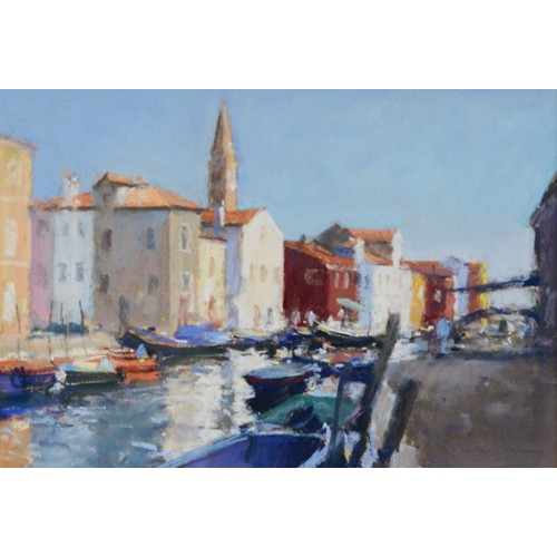 130 - BOB RICHARDSON (b.1938) PASTEL Venetian canal scene with moored boats Signed 7 ½” x 10 ¾” (19cm x 27... 